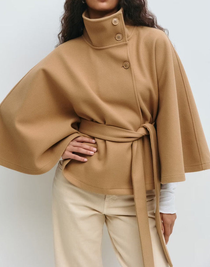 Elegant Belted High Neck Collar Wool-Look Coat Cape/ Poncho — Preorder