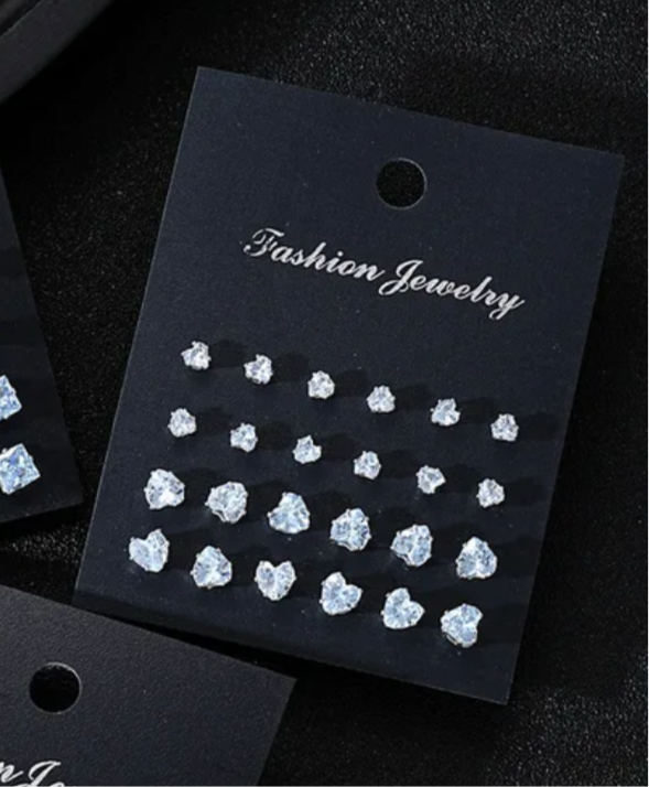 12 Multi Pack Silver Heart Rhinestone Diamond Stud Earrings Set