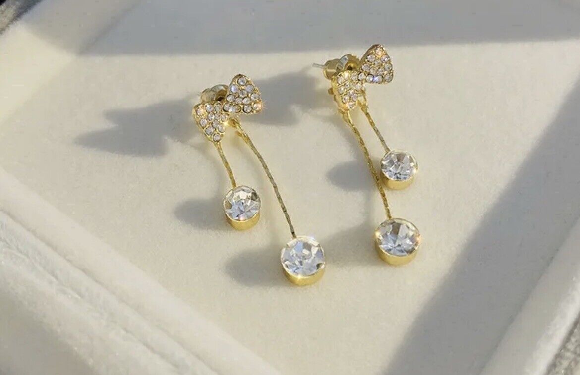Beautiful Bow Gold Rhinestones Drop Earrings