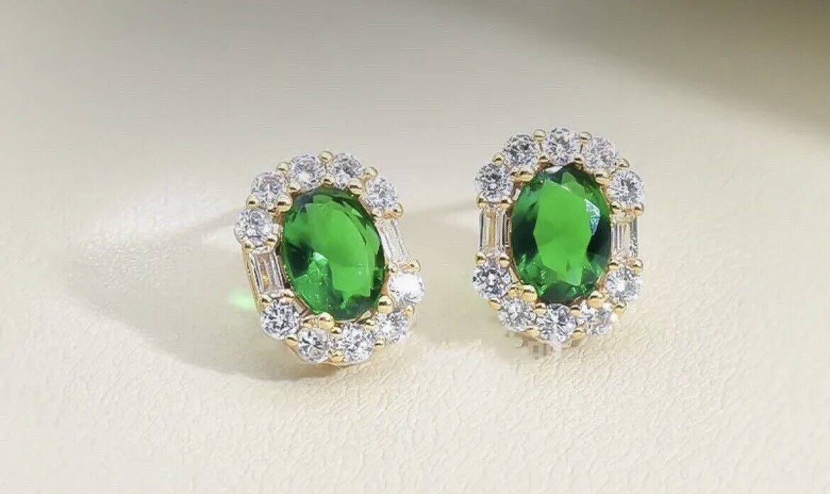Oval Titanium Steel Green Cubic Zircon Crystal Earring Stud