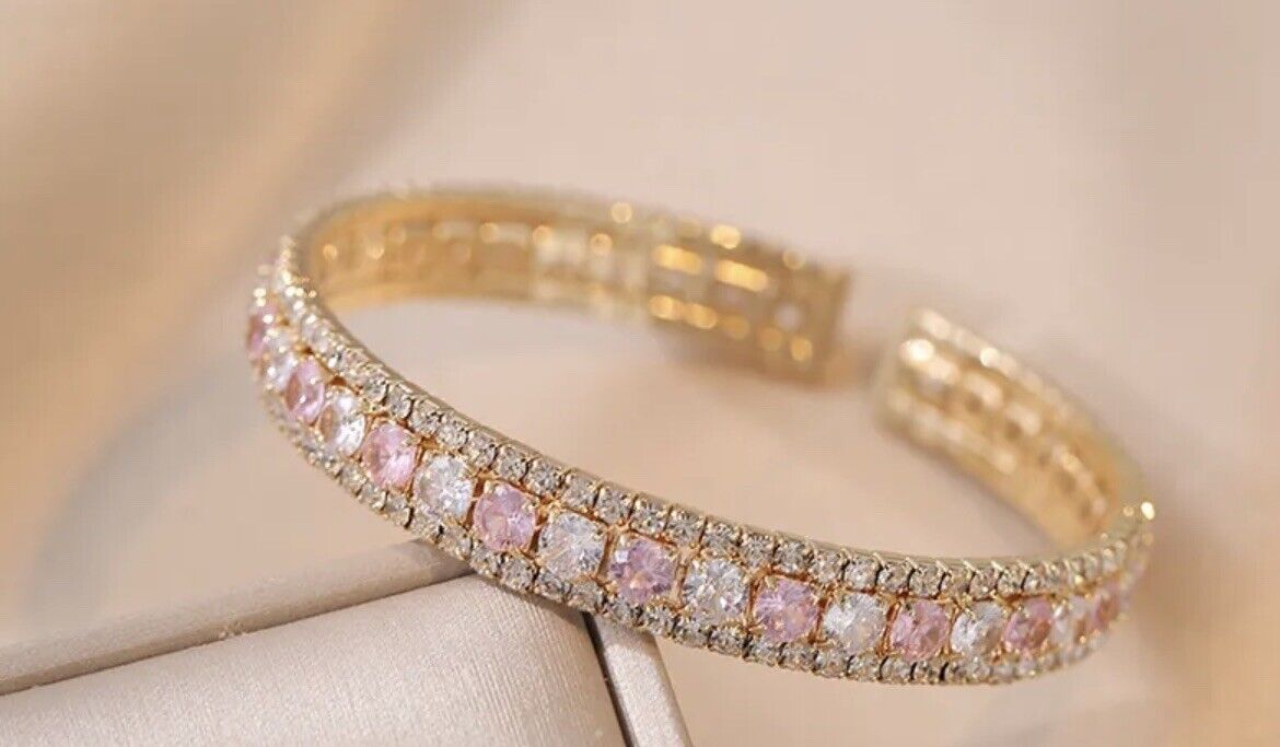 Copper Zirconia Gold Plated Pink And White Cuff Bracelet