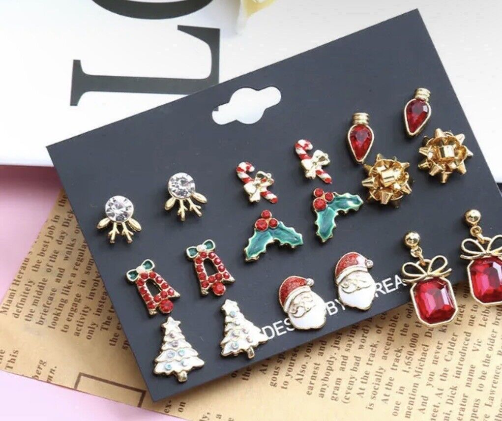 Christmas Earrings Tree Santa Mistletoe Bells 9 Pair Set