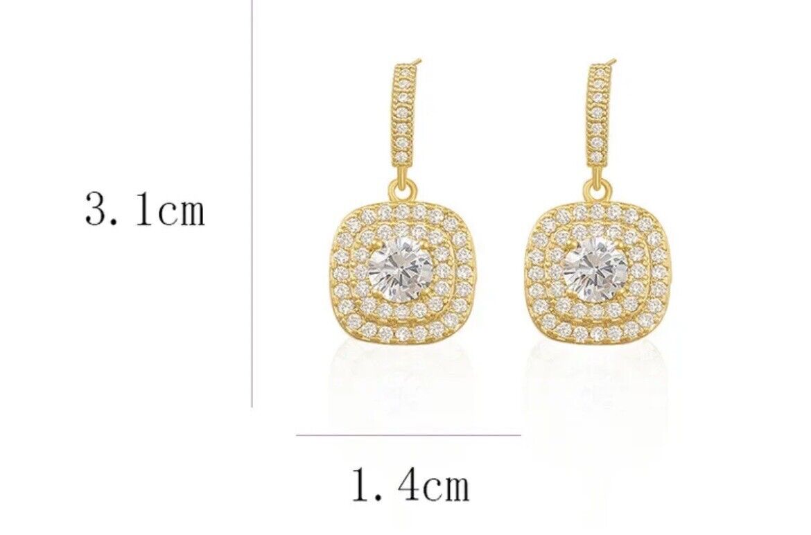 Stainless Steel Gold Square Cubic Zircon Drop Earrings