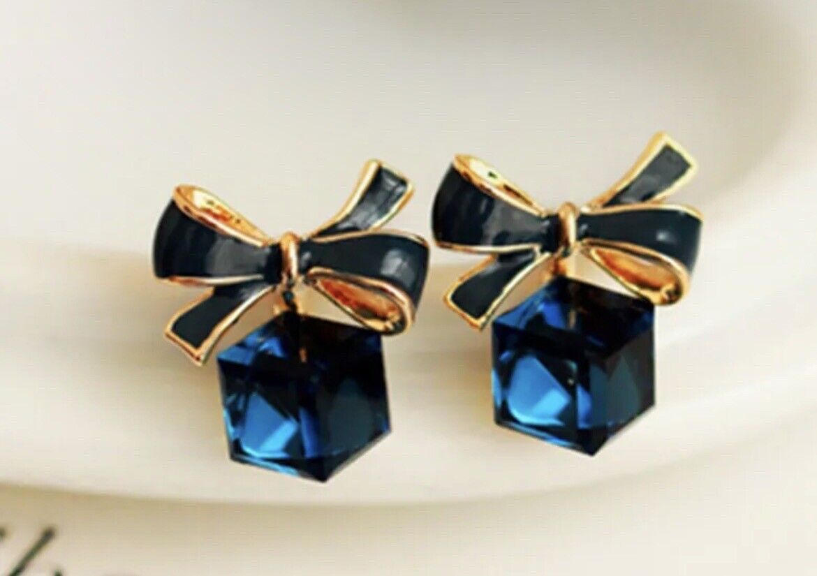 Blue Bow Cube Crystal Square Earring