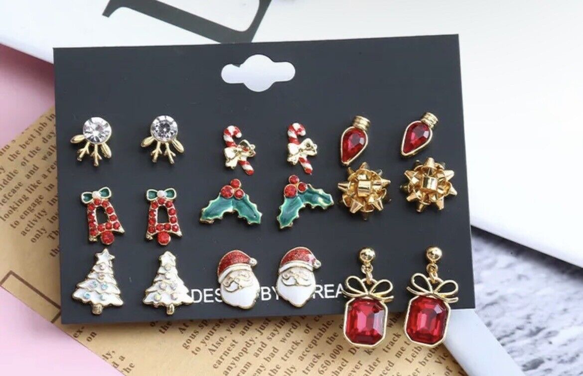 Christmas Earrings Tree Santa Mistletoe Bells 9 Pair Set
