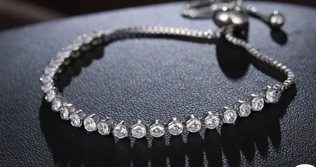 Silver Small 3mm Round Copper Crystal Cubic Zircon Tennis Bracelet Adjustable