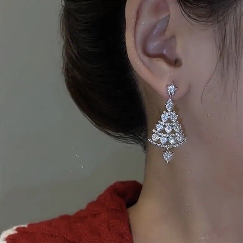 Christmas Tree Rhinestone Cubic Zirconia Diamond Earrings with Gift Box