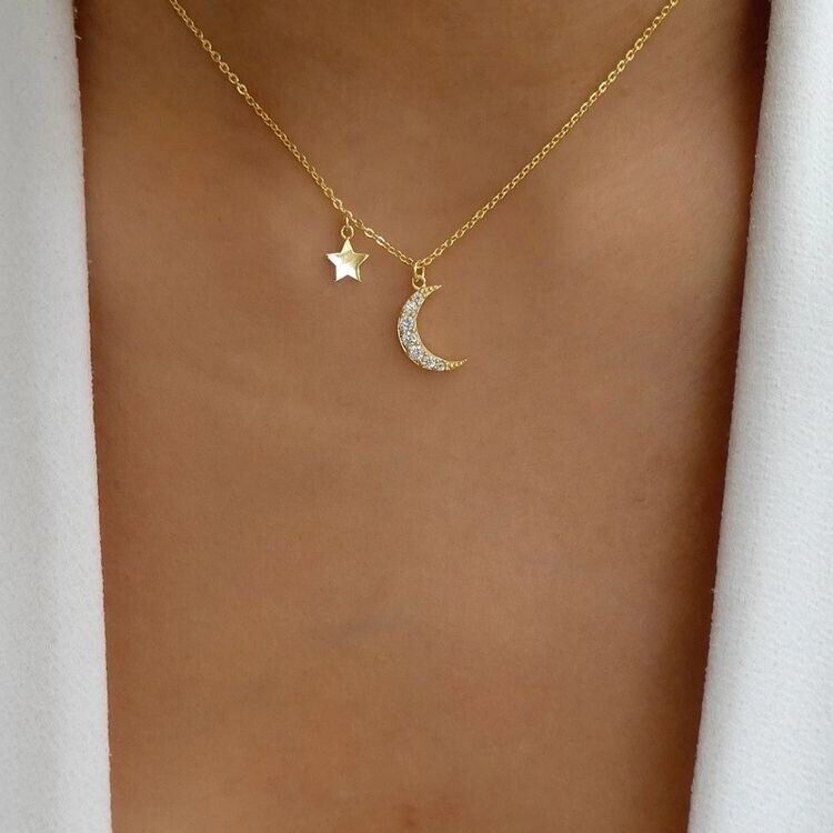 Ladies Women’s Star and Moon Pendant Rhinestone Necklace Gold