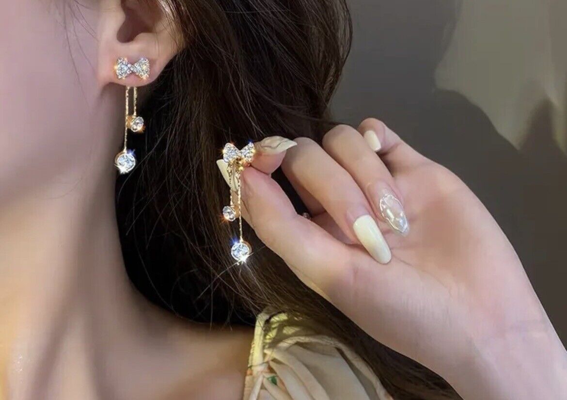 Beautiful Bow Gold Rhinestones Drop Earrings