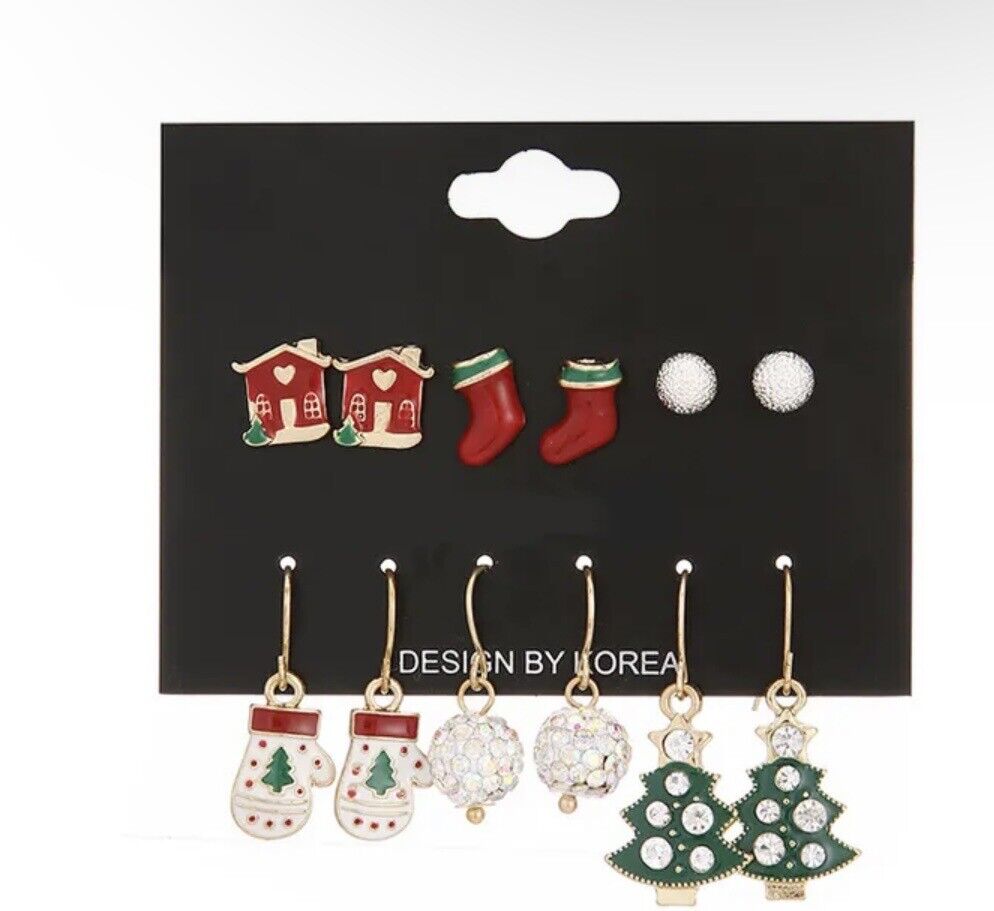 Christmas Earrings Tree Socks Stocking 6 Pair Set