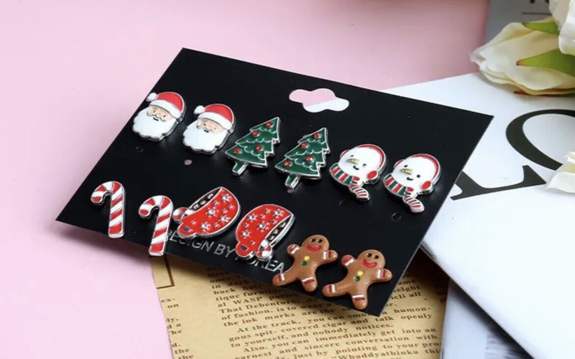 Christmas Earrings Tree Santa Gingerbread Candy Cane 6 Pair Set