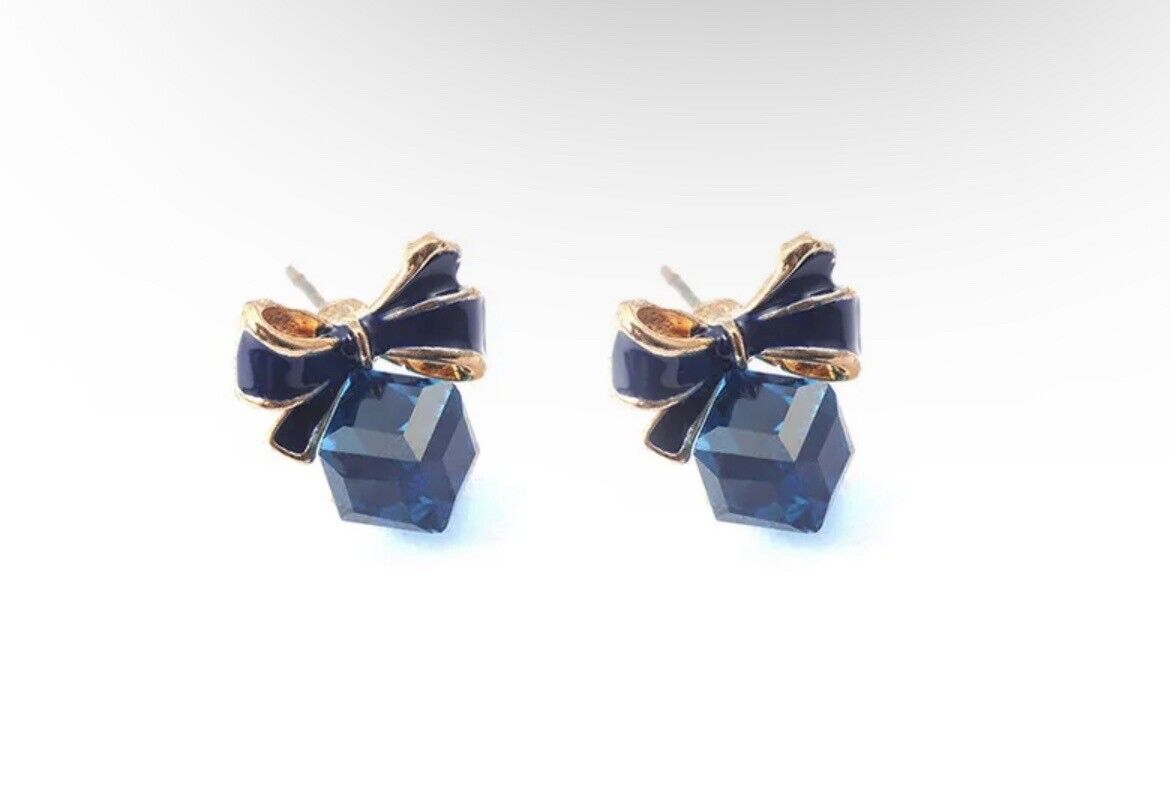 Blue Bow Cube Crystal Square Earring