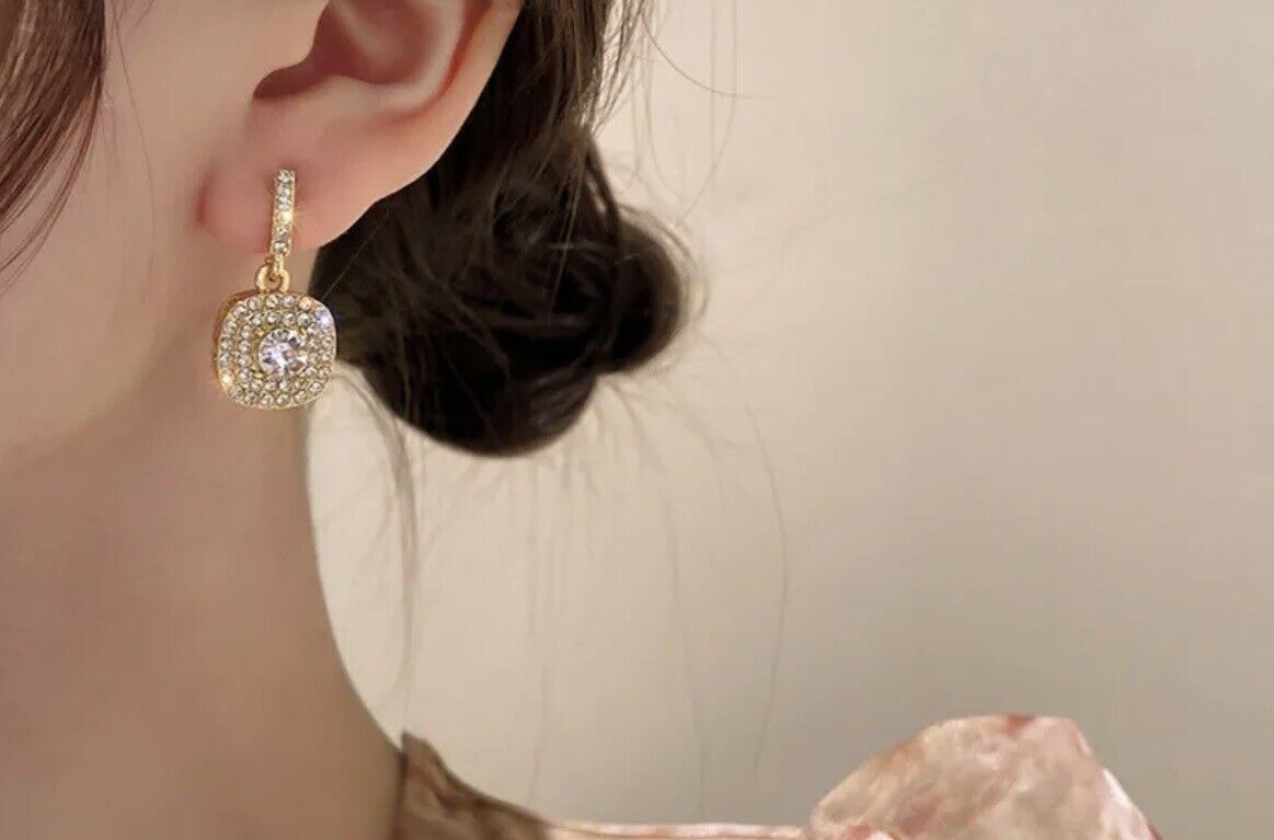 Stainless Steel Gold Square Cubic Zircon Drop Earrings