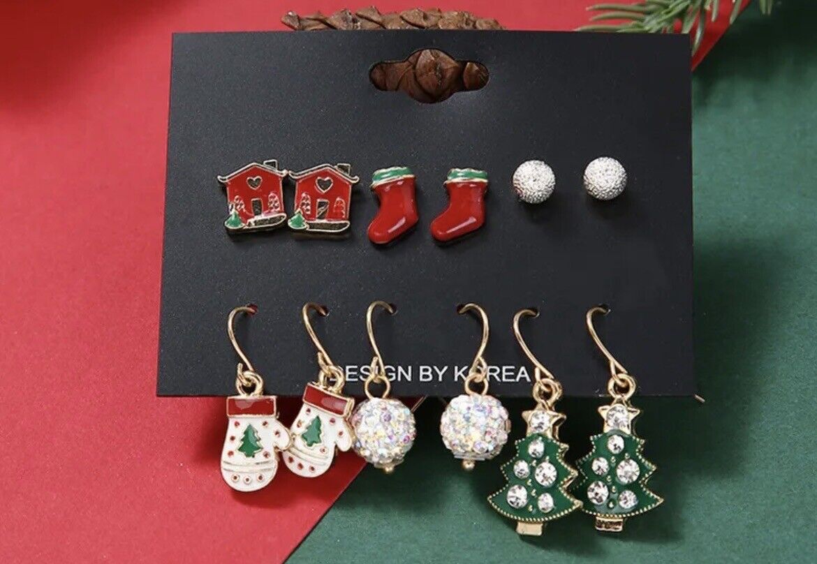 Christmas Earrings Tree Socks Stocking 6 Pair Set