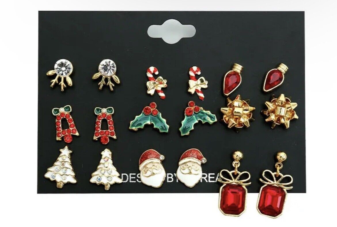 Christmas Earrings Tree Santa Mistletoe Bells 9 Pair Set