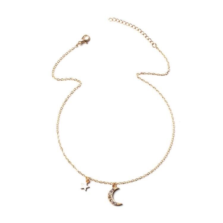 Ladies Women’s Star and Moon Pendant Rhinestone Necklace Gold