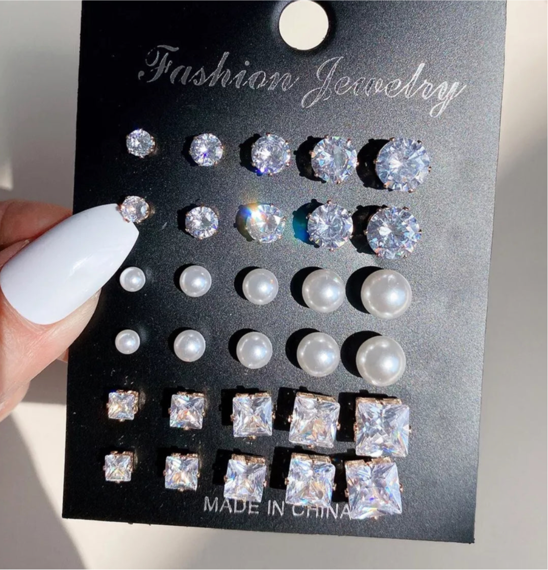 15 Pairs Set Diamond Pearl gold Studs Earrings