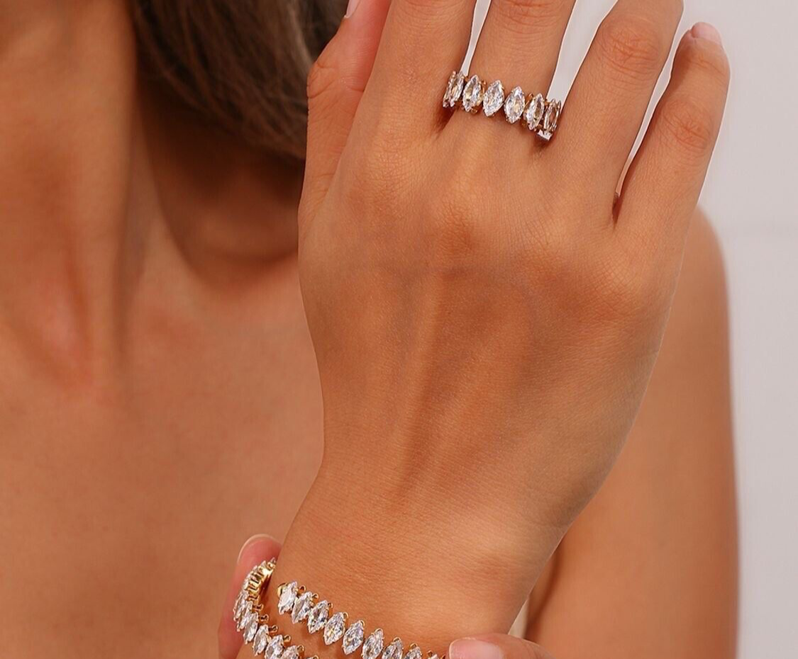 Droplet Stainless Steel Cubic Zirconia Gold Plated Adjustable Ring