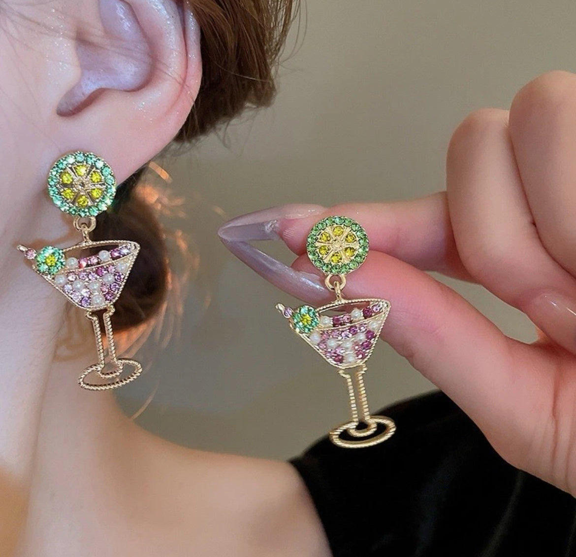 Pink Drink Cocktail wine Glass – Fun Statement Earrings
