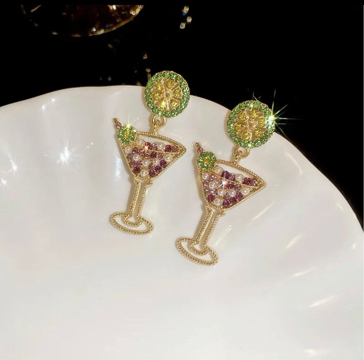 Pink Drink Cocktail wine Glass – Fun Statement Earrings