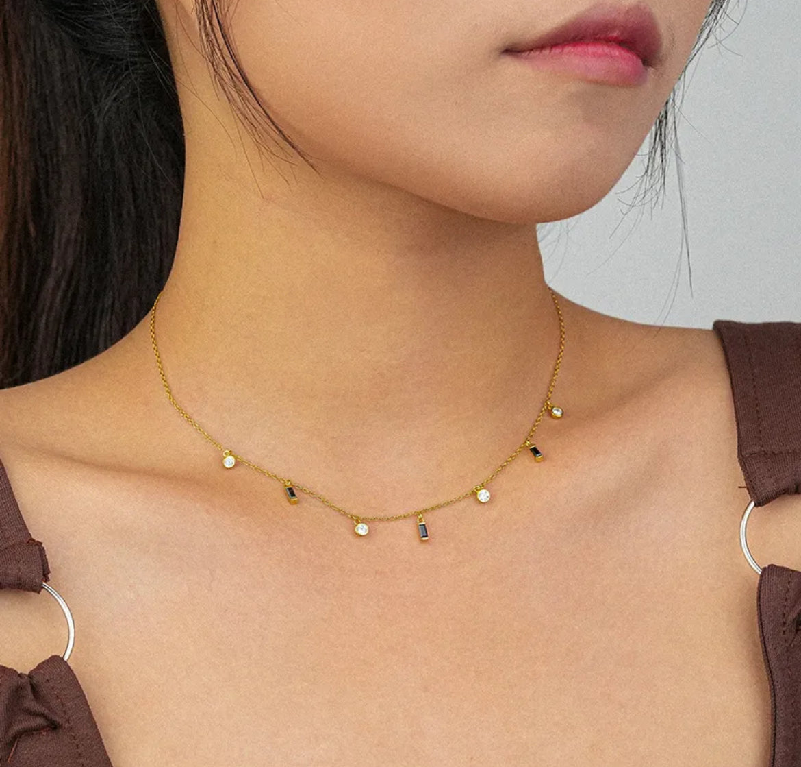 Round gold Rectangle Cubic Zirconia Necklace
