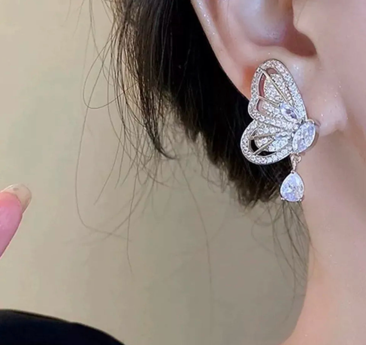Silver Butterfly Crystal Diamond Stud Rhinestone Dangle Earrings