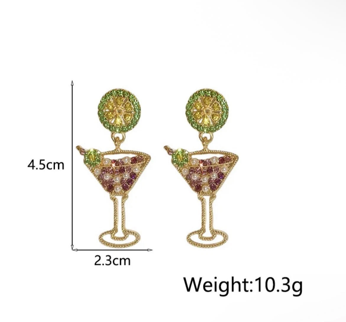 Pink Drink Cocktail wine Glass – Fun Statement Earrings