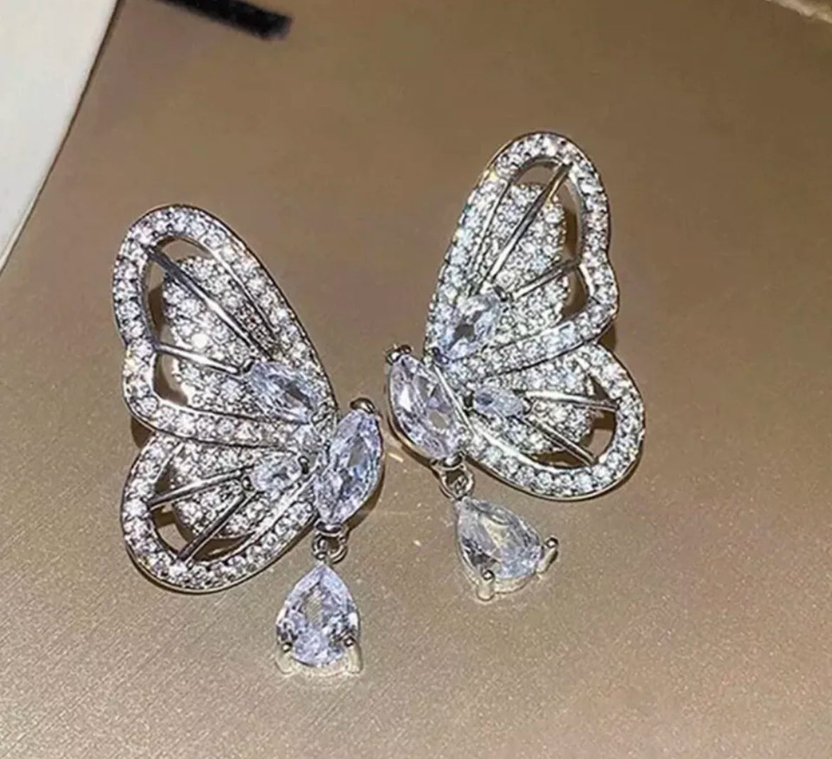 Silver Butterfly Crystal Diamond Stud Rhinestone Dangle Earrings
