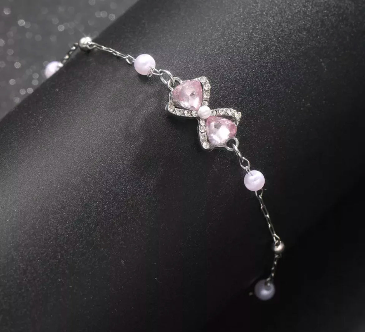 Silver bow Pink Pearl Bracelet