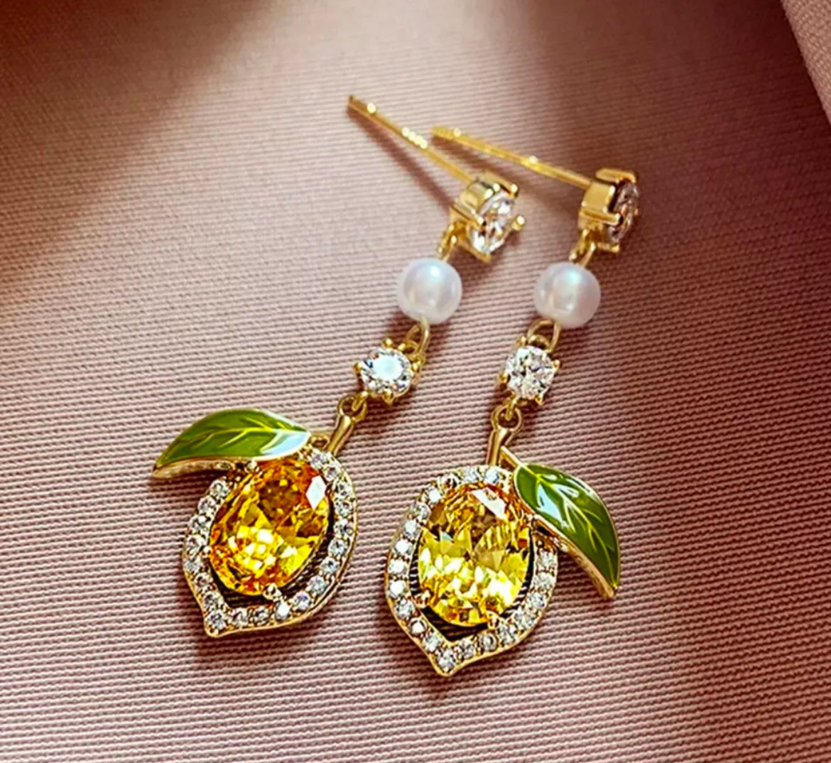 Lemon Rhinestone Pearl Earrings
