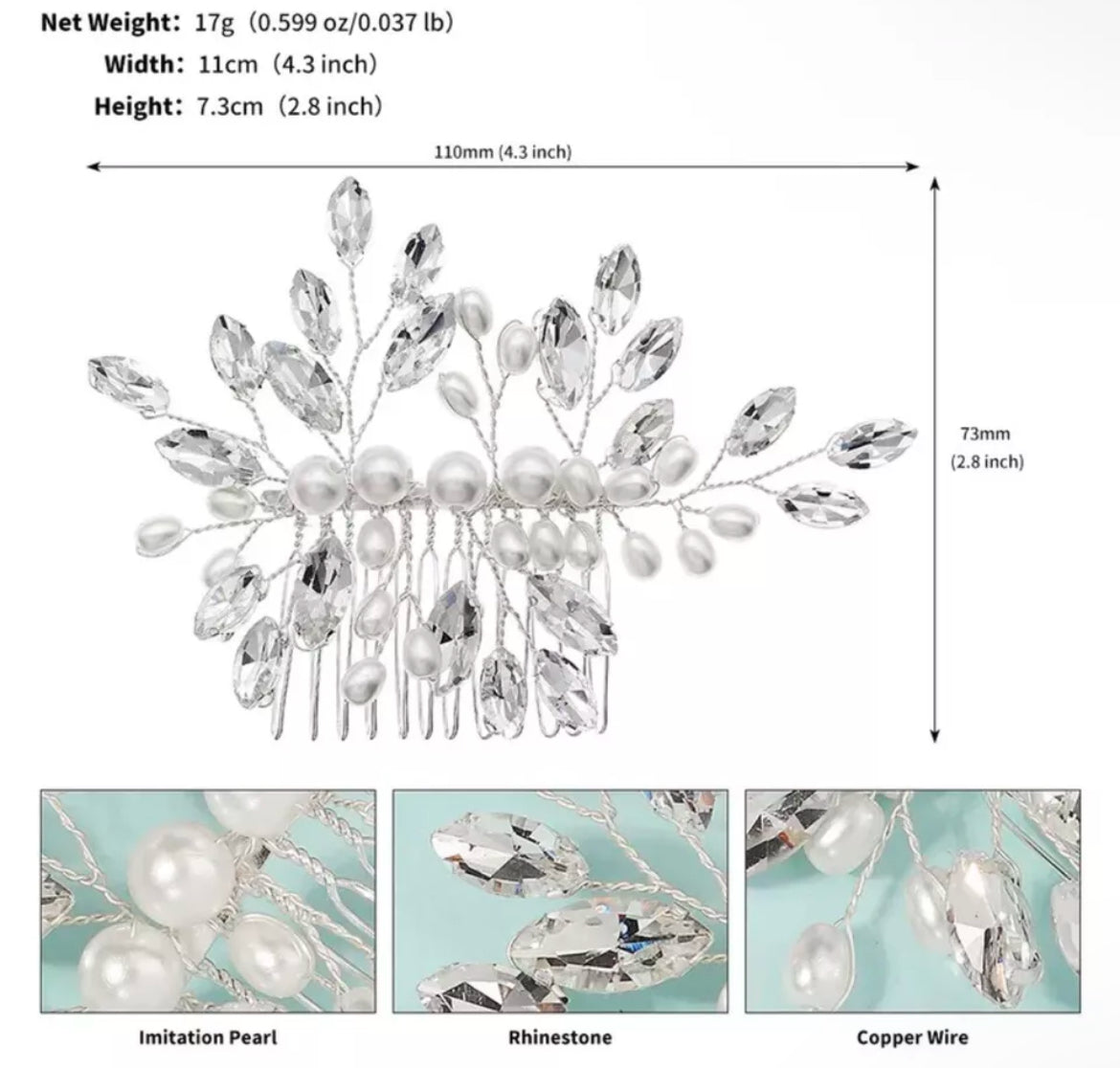Bridal Rhinestone Diamante Pearl Silver Comb