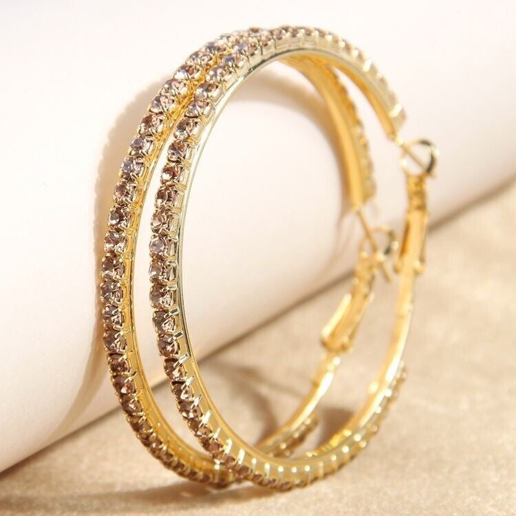 Gold Large Crystal Rhinestone Hoop Earrings