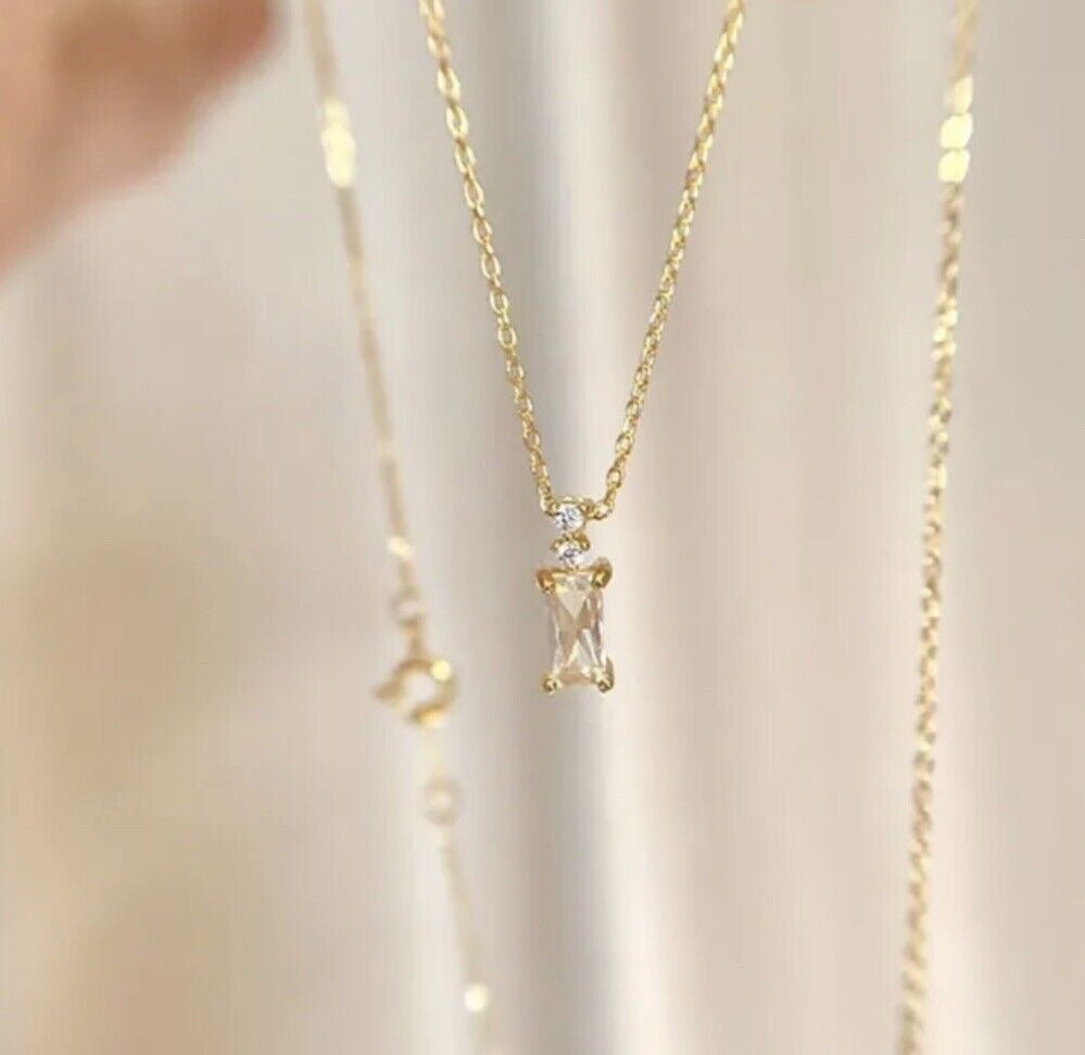 Rectangle Cubic Zirconia Gold Plated Pendant Necklace