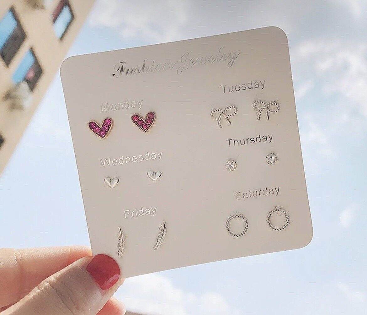 Silver Heart Earring Stud 6 Pairs