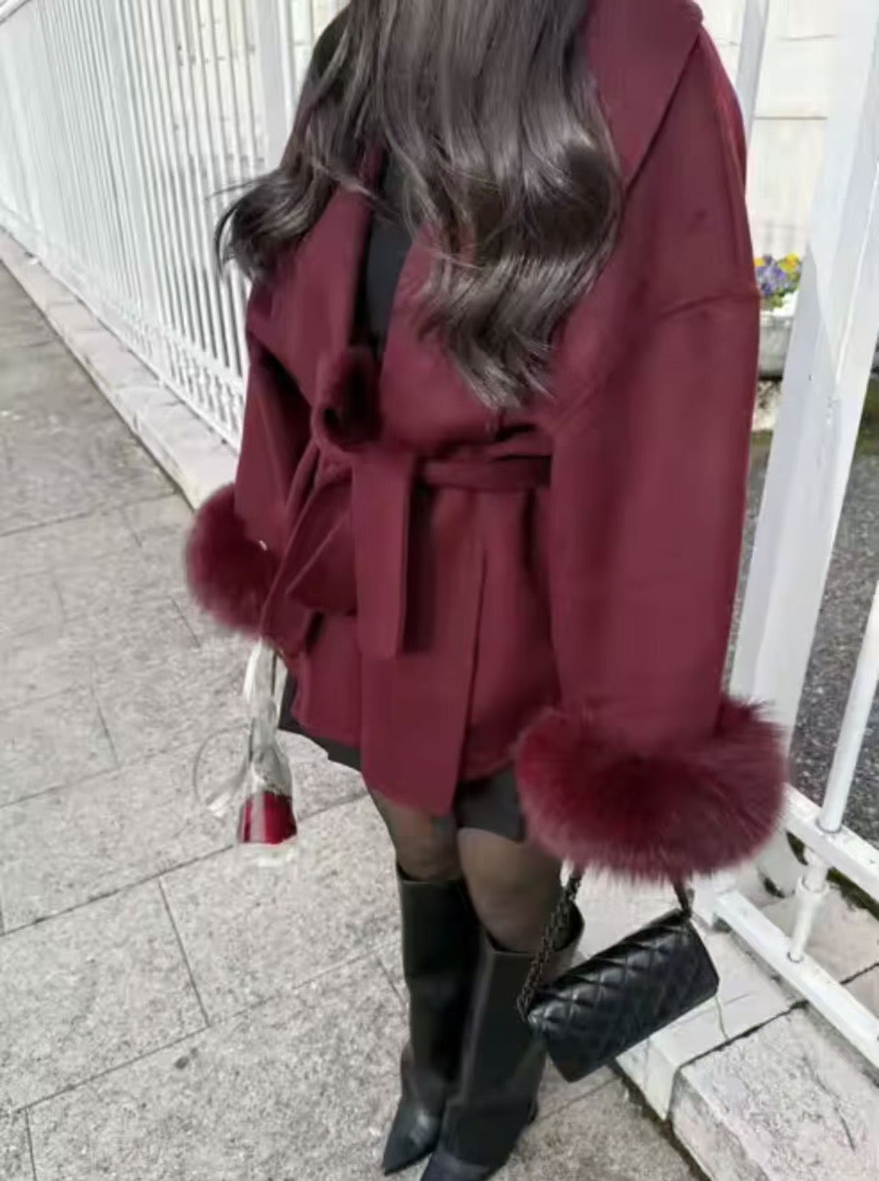 High End Elegant Solid Color Belt Woolen Coat – Autumn/Winter Long Fur Sleeve