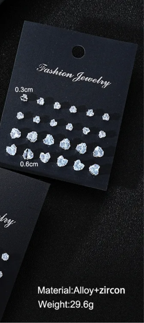 12 Multi Pack Silver Heart Rhinestone Diamond Stud  Earrings Set