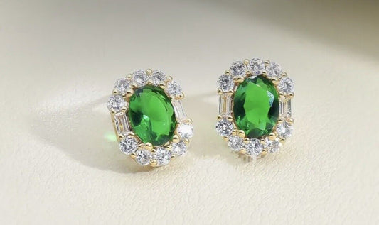 Oval Titanium Steel Green Cubic Zircon Crystal Earring Stud
