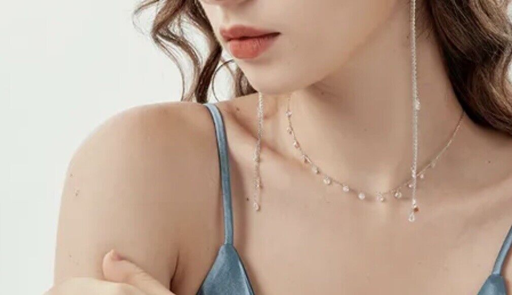 Women Ladies Silver White Cubic Zirconia Water Droplets Necklace