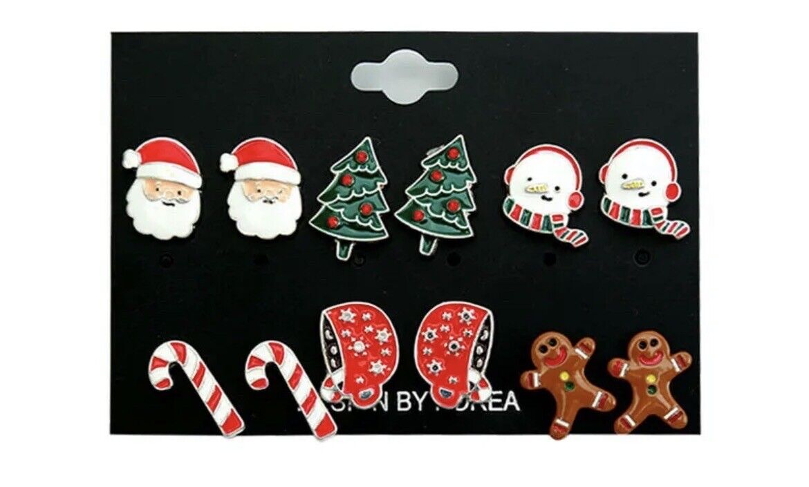 Christmas Earrings Set Tree Santa Gingerbread Candy Cane Women Jewellery 6 Pair