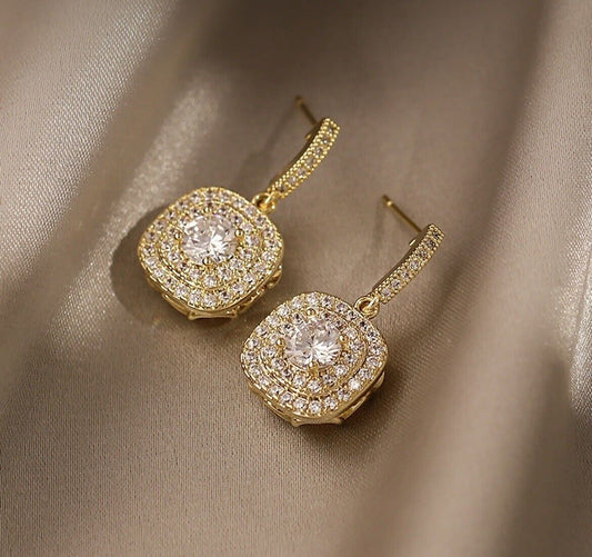 Stainless Steel Gold Square Cubic Zircon Drop Earrings