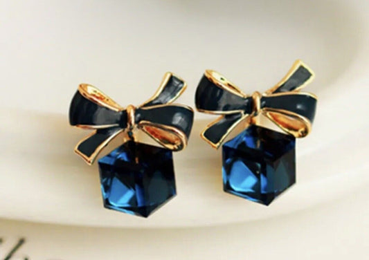 Blue Bow knot Cube Crystal Earring Square Christmas Present Gift