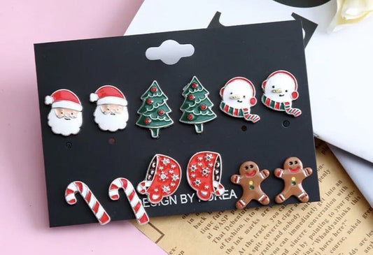 Christmas Earrings Set Tree Santa Gingerbread Candy Cane Women Jewellery 6 Pair