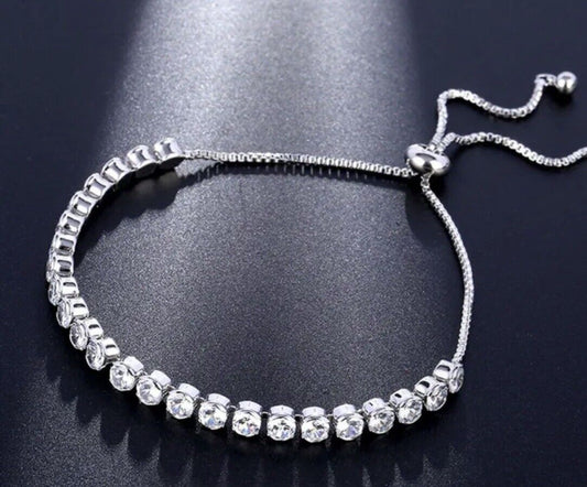Silver Large 4mm Round Copper Crystal Cubic Zircon Tennis Bracelet Adjustable