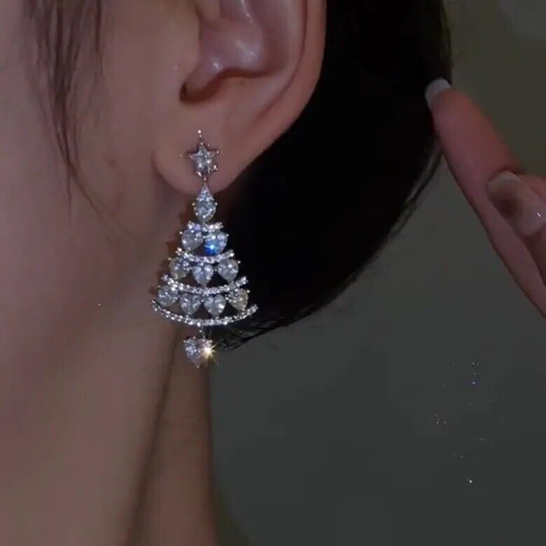 Christmas Tree Rhinestone Cubic Zirconia Diamond Earrings with Gift Box