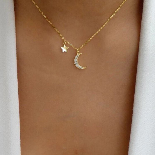 Ladies Women’s Star and Moon Pendant Rhinestone Necklace Gold
