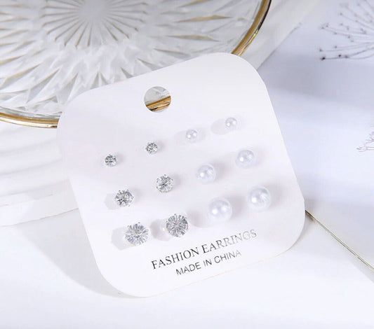 Multi pack Silver Round earrings 6 pairs rhinestone Diamond Pearl crystal stud