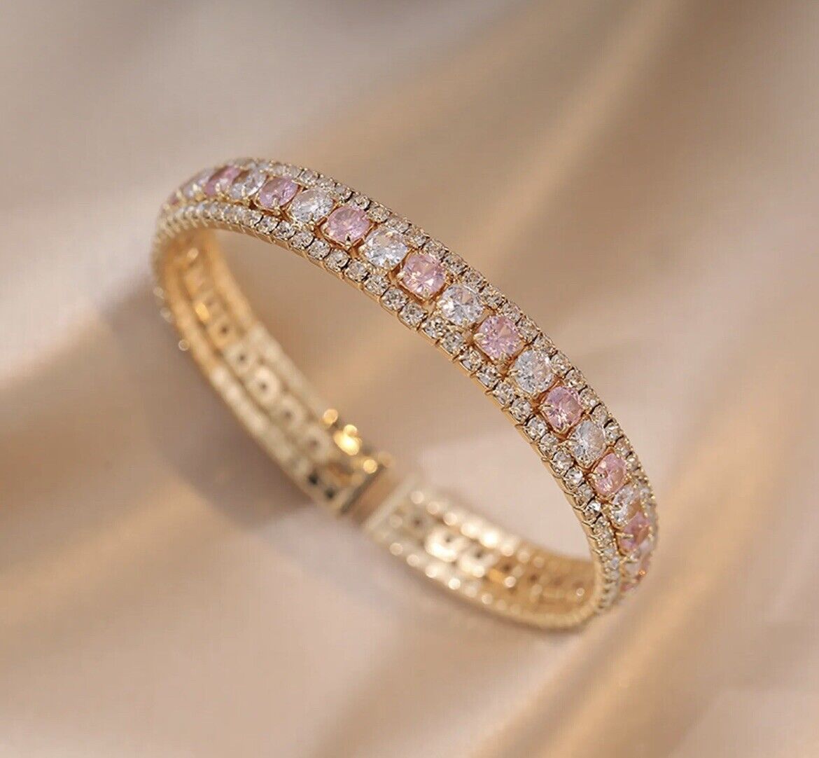 Copper Zirconia Gold Plated Pink And White Cuff Bracelet