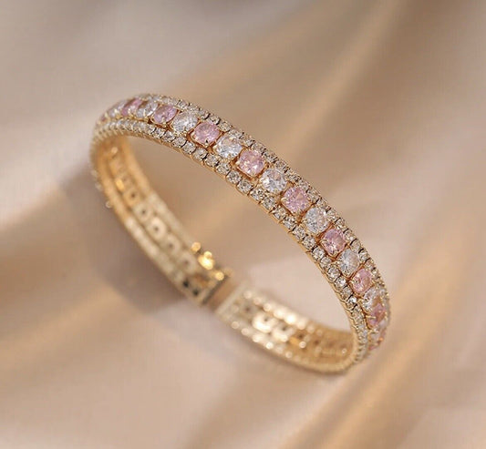 Copper Zirconia Gold Plated Pink And White Cuff Bracelet