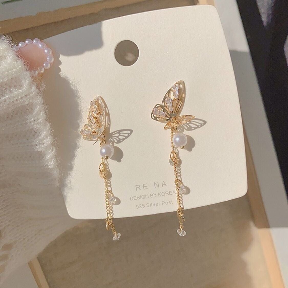 Gold Butterfly Crystal Stud Pearl Dangle Earrings
