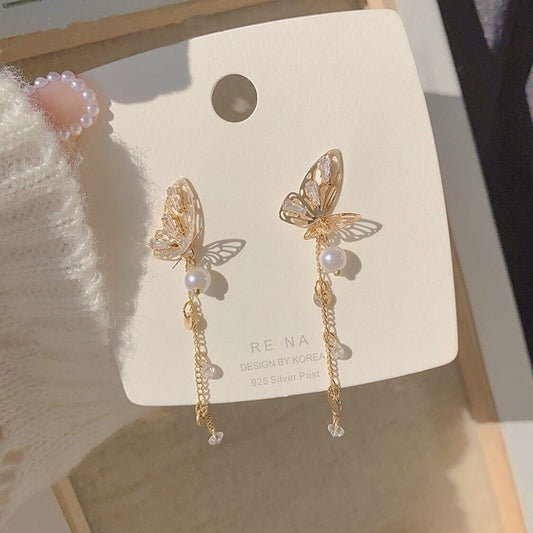 Gold Butterfly Crystal Stud Pearl Dangle Earrings